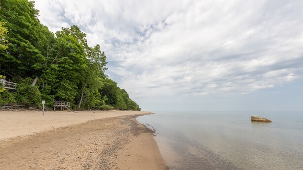 A beach with a wooden walkway and a sign, surrounded by dense green trees. - Little Grey Cottage - Beautifully decorated large vacation home - Walking distance to Lake Michigan! (Douglas)