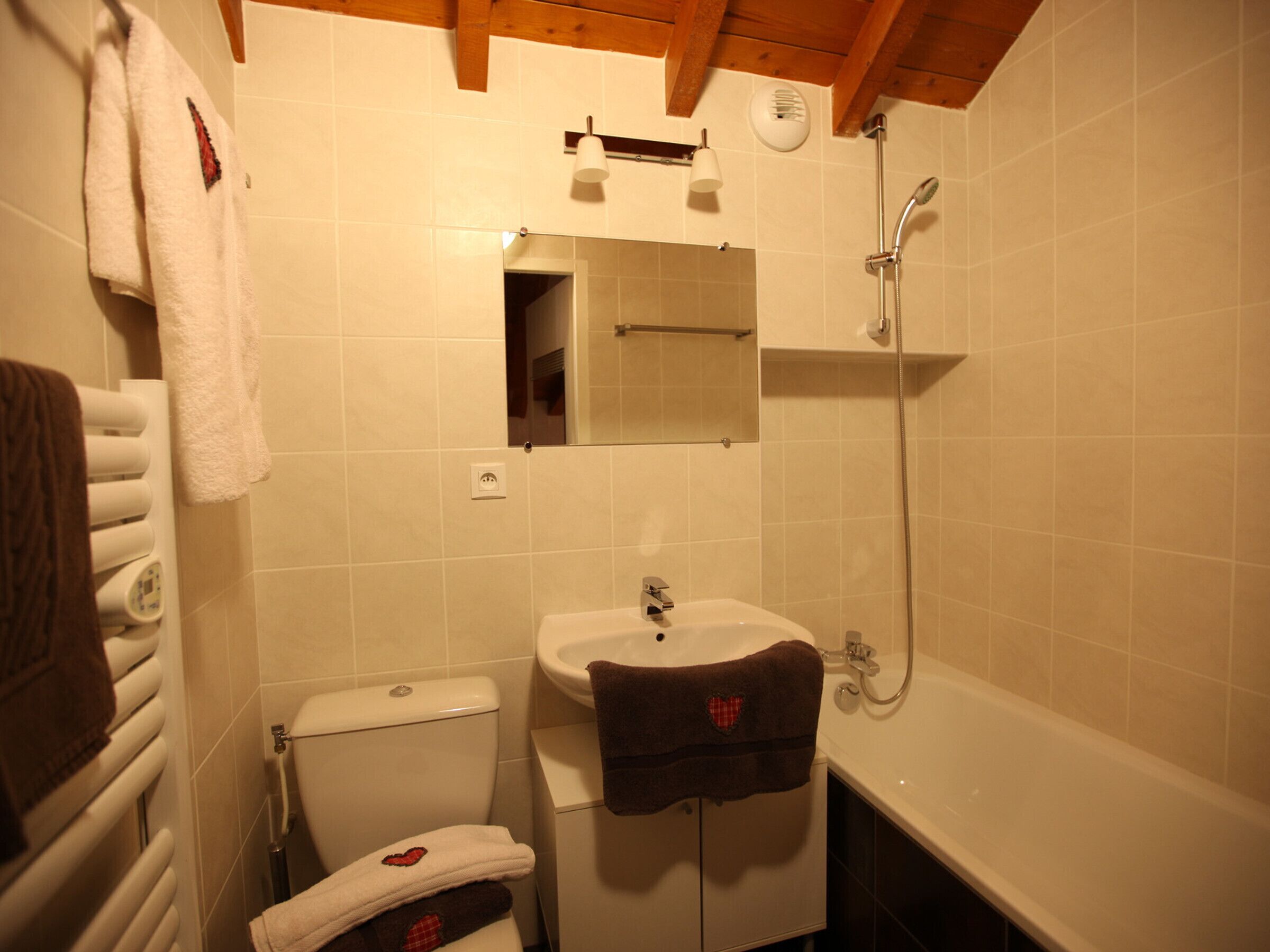 Een badkamer met toilet, wastafel en douche. Handdoekrek met handdoeken, een spiegel boven de wastafel en een douchekop.