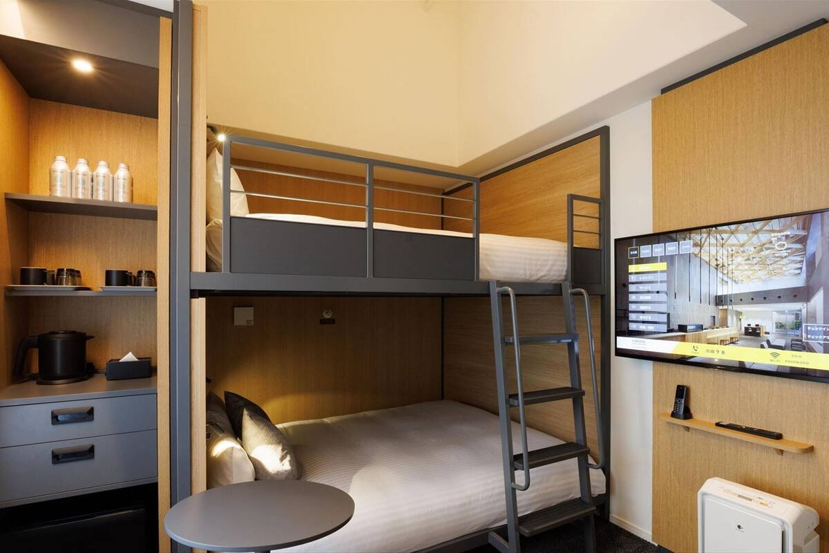 Une chambre d’hôtel compacte avec des lits superposés, une petite table, un téléviseur et une kitchenette.