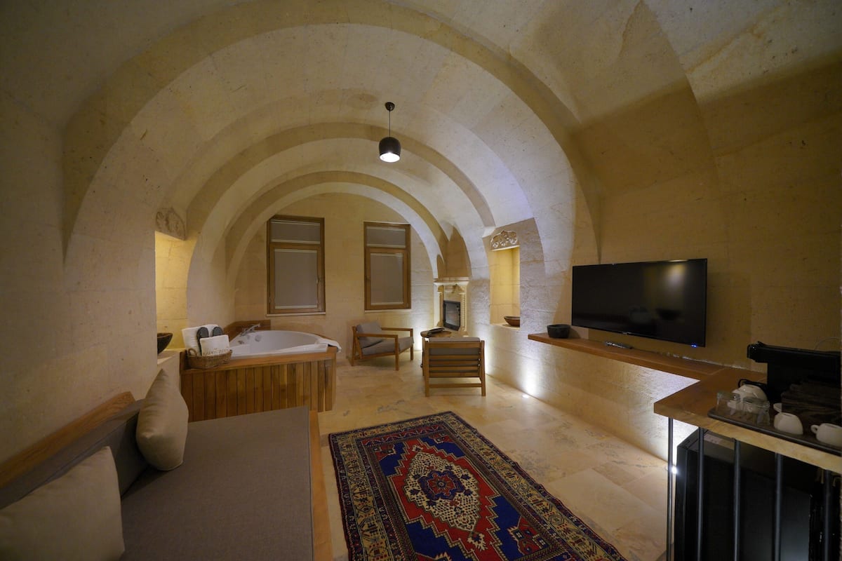 A spacious room with a large arched ceiling, a bathtub, a sofa, a television, and a patterned rug.