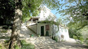 A rustic stone house with a green door, a staircase leading up to the entrance, and a tree in the foreground.
