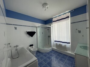 Combined shower/bathtub, hair dryer, bidet, towels