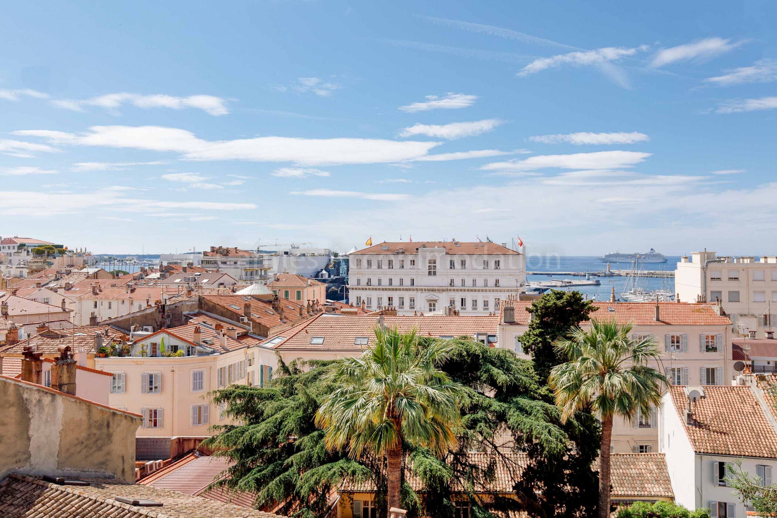 Un paisaje urbano costero con edificios históricos, un puerto deportivo y palmeras.