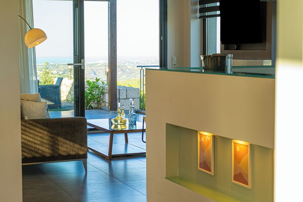 Smart TV, fireplace, books