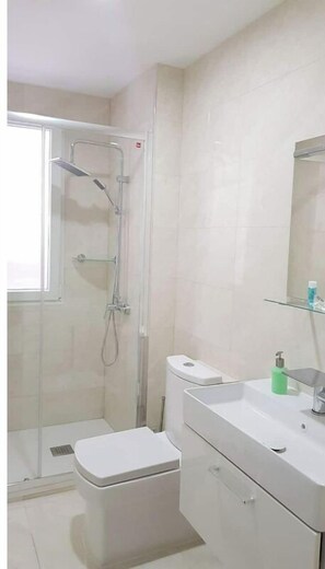 Shower, hair dryer, towels, toilet paper