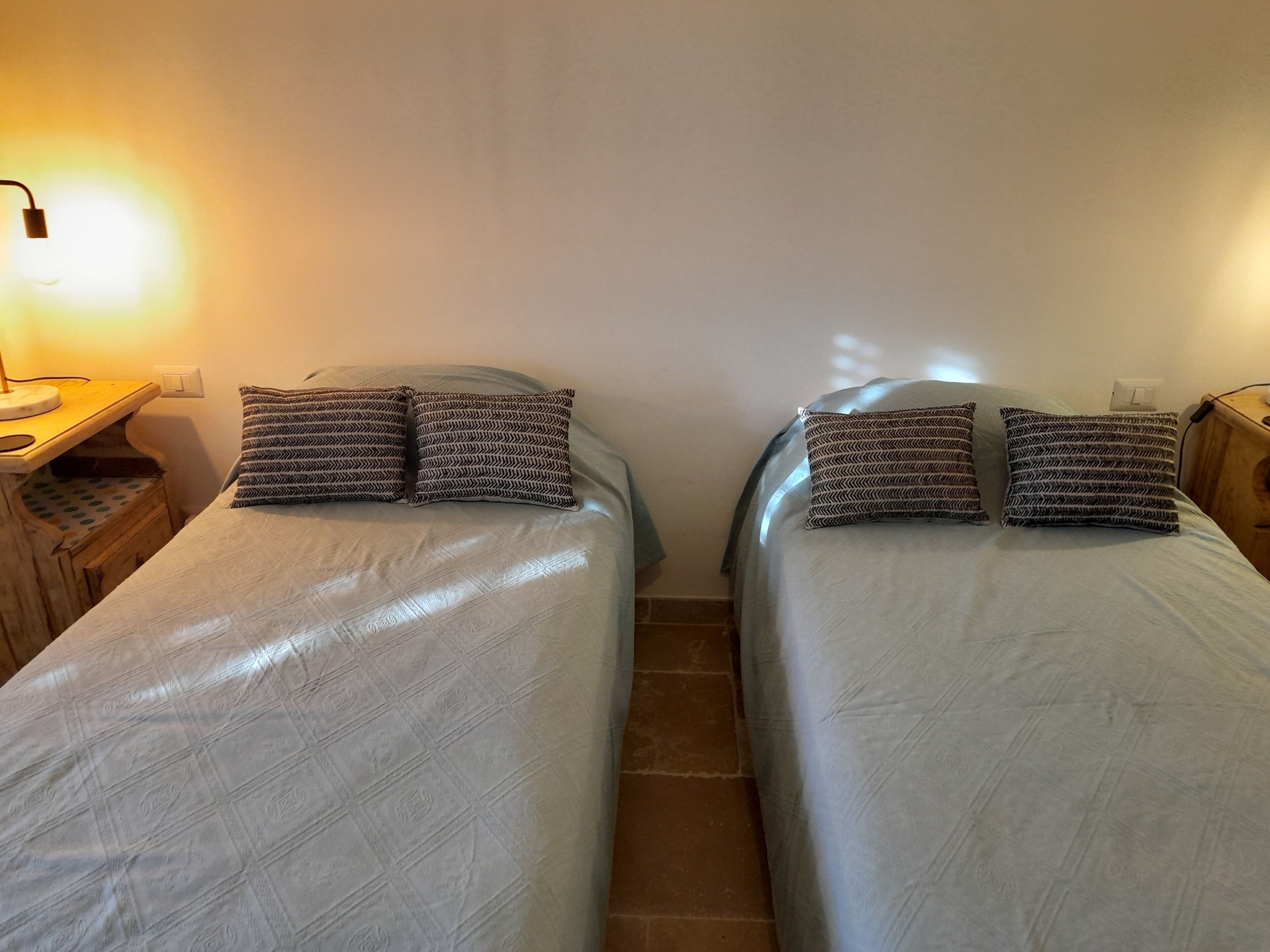 Two single beds with patterned pillows, a wooden nightstand, a lamp, and a wall socket.