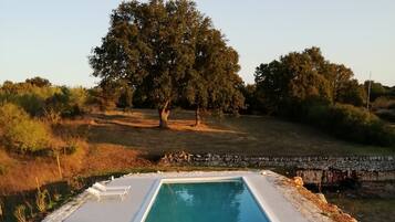 A rectangular swimming pool with a white deck, surrounded by gravel and small rocks, set in a landscaped area with trees and a stone wall in the background.