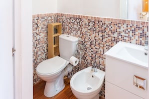 Shower, hair dryer, bidet, towels
