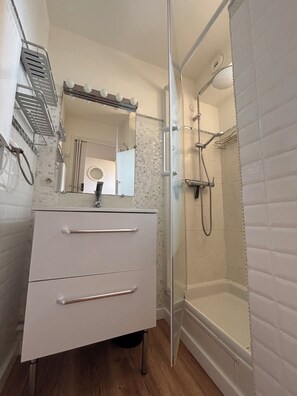 Douche, séchoir à cheveux, papier de toilette