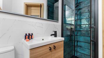 Shower, hair dryer, towels, shampoo