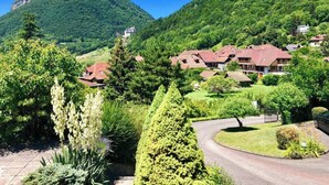 A residential area with houses surrounded by lush greenery and a mountain in the background.