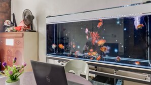 Une pièce avec un grand aquarium, un ordinateur portable posé sur une table et une petite plante.