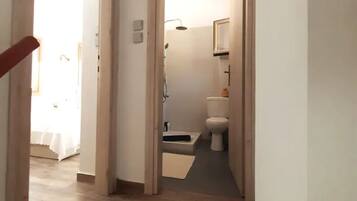 Combined shower/tub, hair dryer, towels, soap
