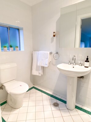 Badewanne, Haartrockner, Handtücher, Seife