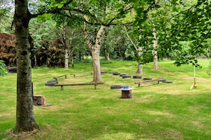 Relax in a serene natural setting surrounded by lush greenery and comfortable benches.