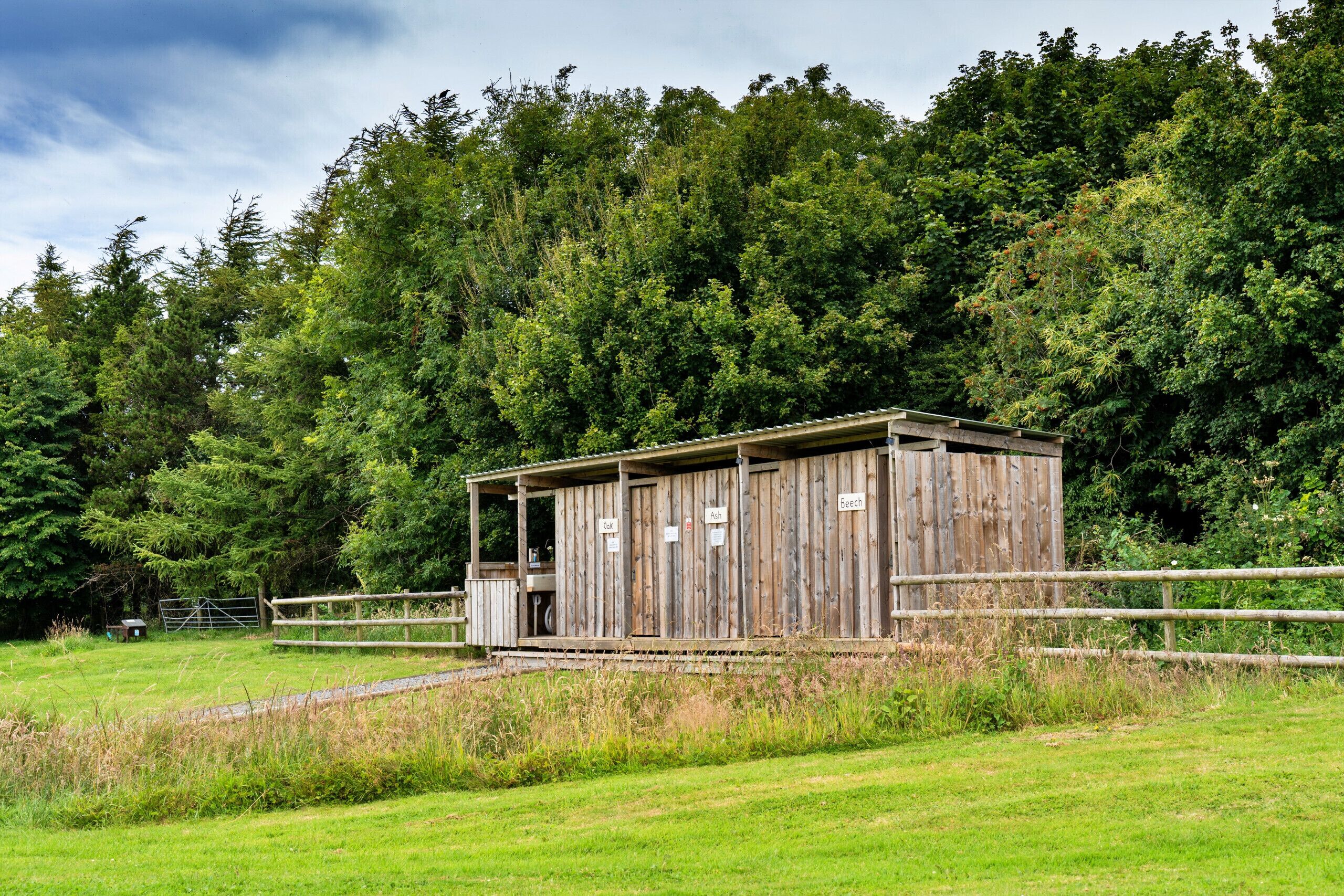 A rustic wooden cabin with a porch, surrounded by a fenced area and dense forest.