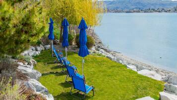 A lakeside setting with a row of blue lounge chairs and umbrellas, a grassy area, and a rocky shoreline.