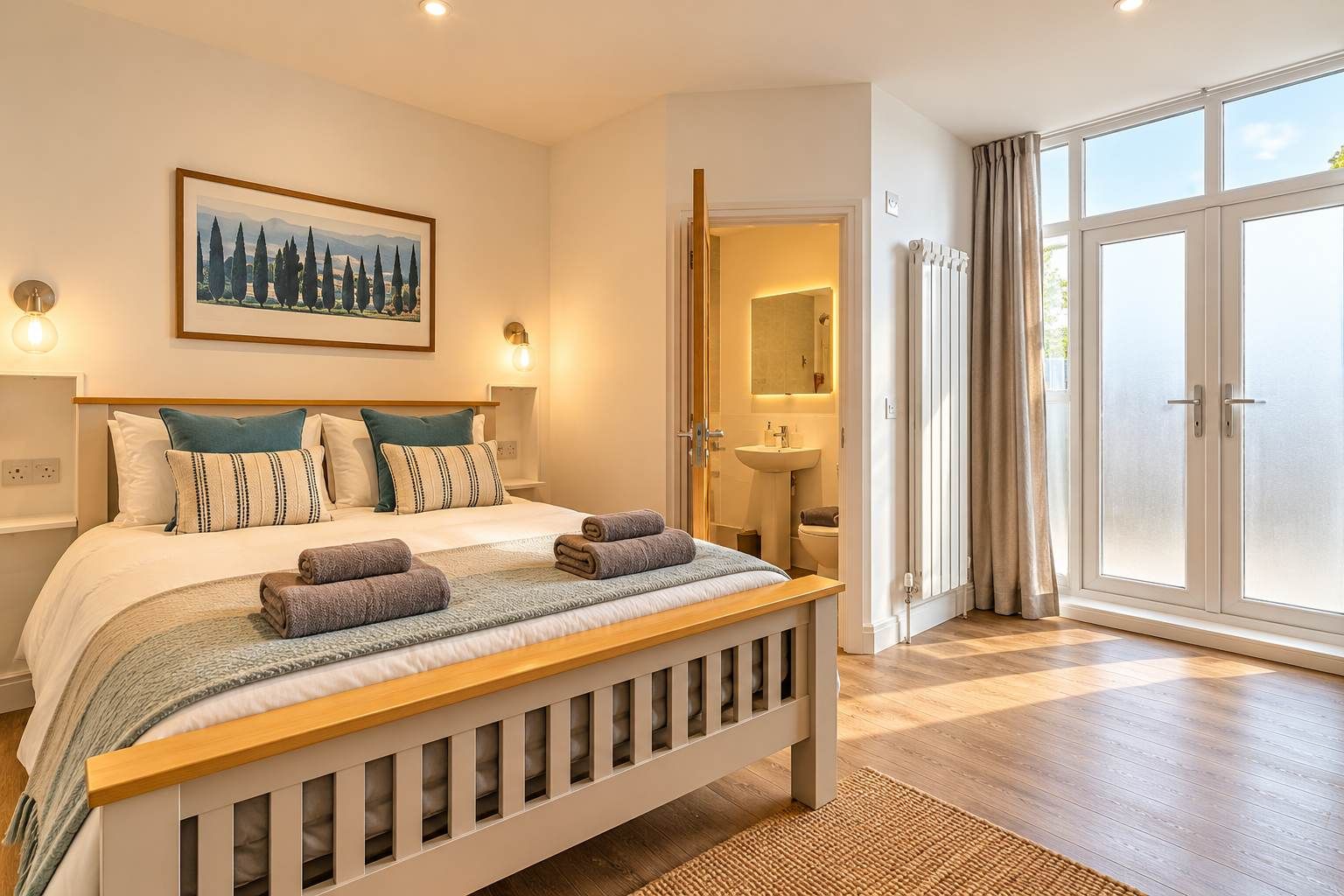 A bedroom with a bed, bedside lamps, a painting, a bathroom with a sink and mirror, and a sliding glass door to the outside.