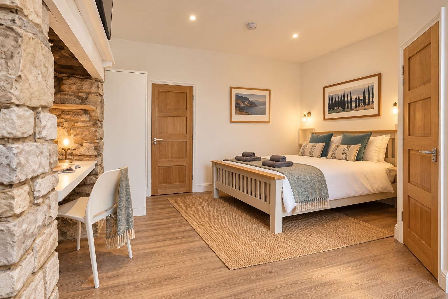 A bedroom with a bed, a desk, and a chair. There are two doors, one leading to the bathroom and the other to the bedroom.