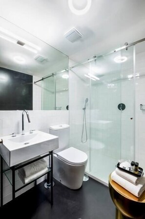 Shower, hair dryer, towels, shampoo