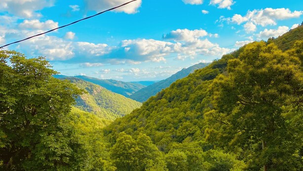 A swimming pool with a view of a lush valley and mountains.