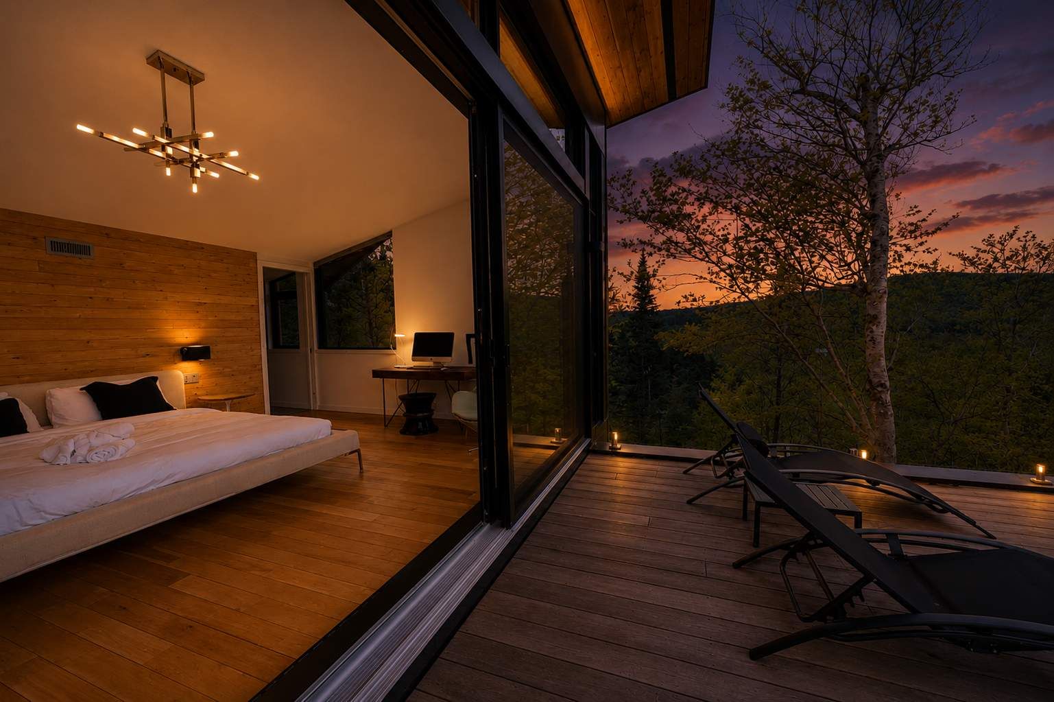 A modern bedroom with a large bed, a desk, and a view of the outdoors.