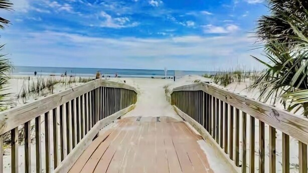 A wooden boardwalk leading to a beach with palm trees on either side.