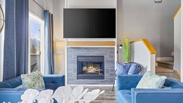 Télévision, cheminée, chaîne hi-fi, espaces bureaux