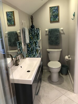 A modern bathroom with a white sink, a toilet, and a shower area. There are two towels hanging on towel racks, and a vase with dried plants on the sink. - Peaceful Horse Farm Retreat — private balcony and pasture views! (Vass)