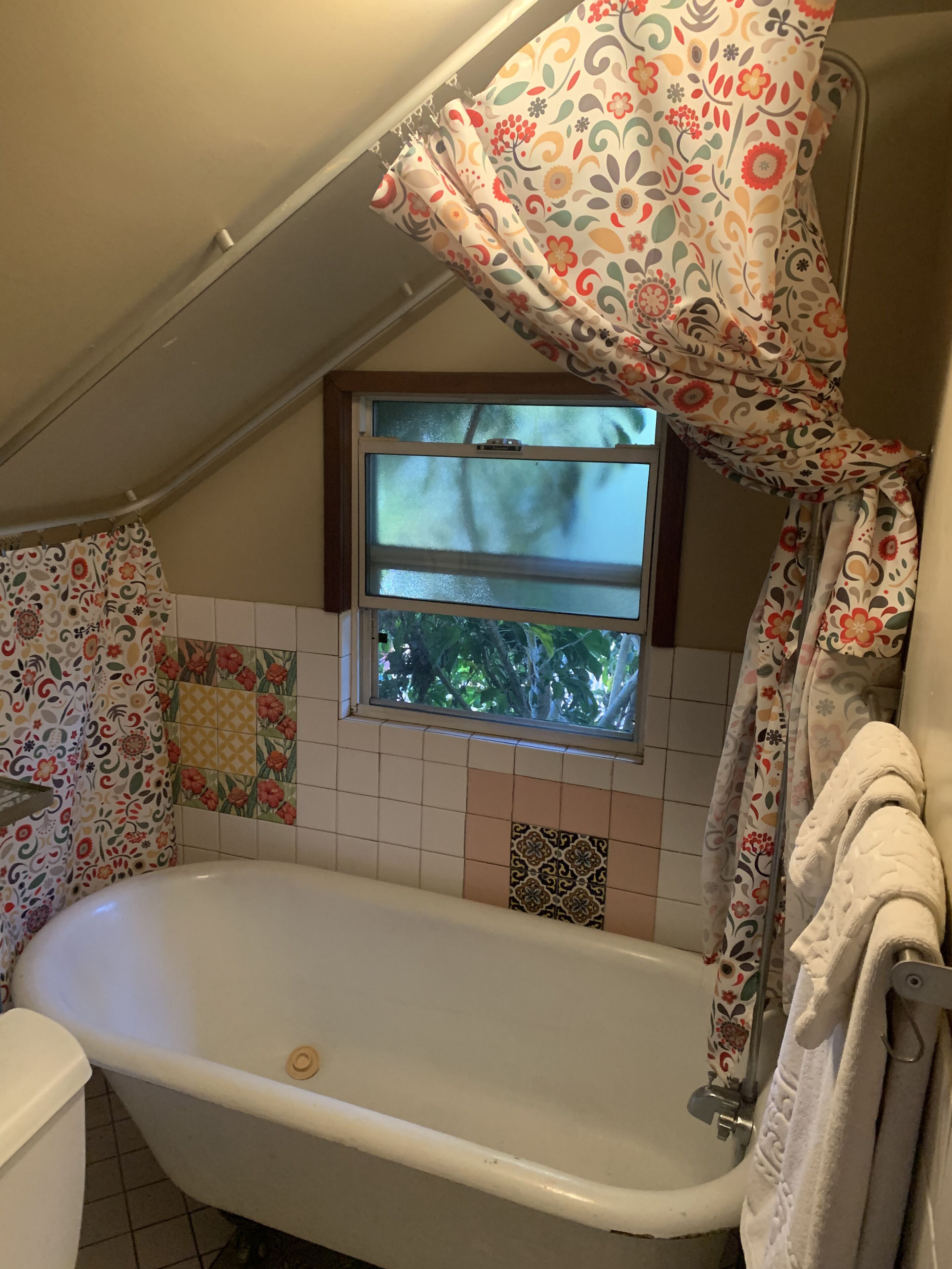 Combined shower/tub, hair dryer, towels