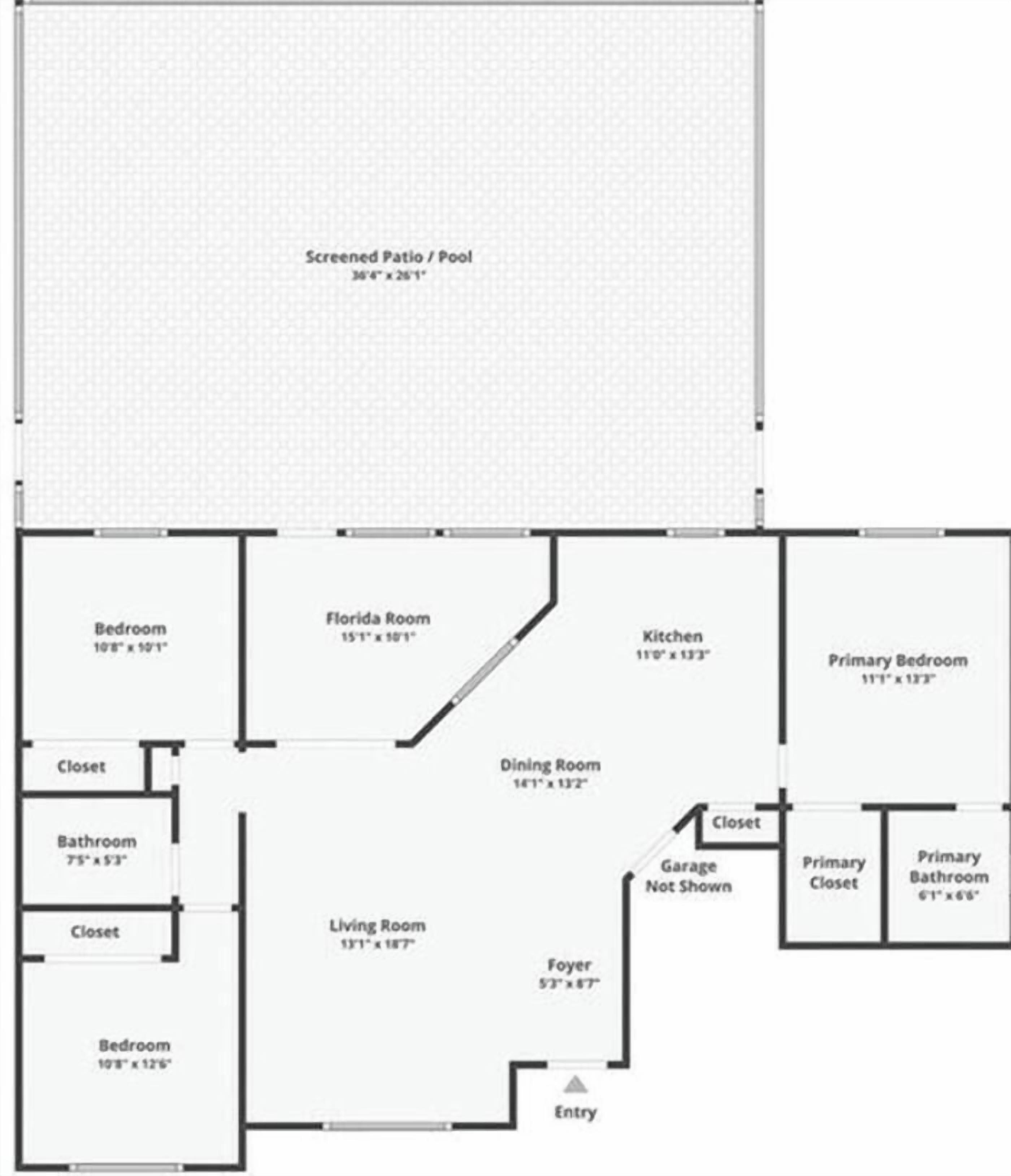 Plano de planta que muestra un patio cubierto y piscina, varias habitaciones, una sala de estar Florida, cocina, comedor, sala de estar y vestíbulo.