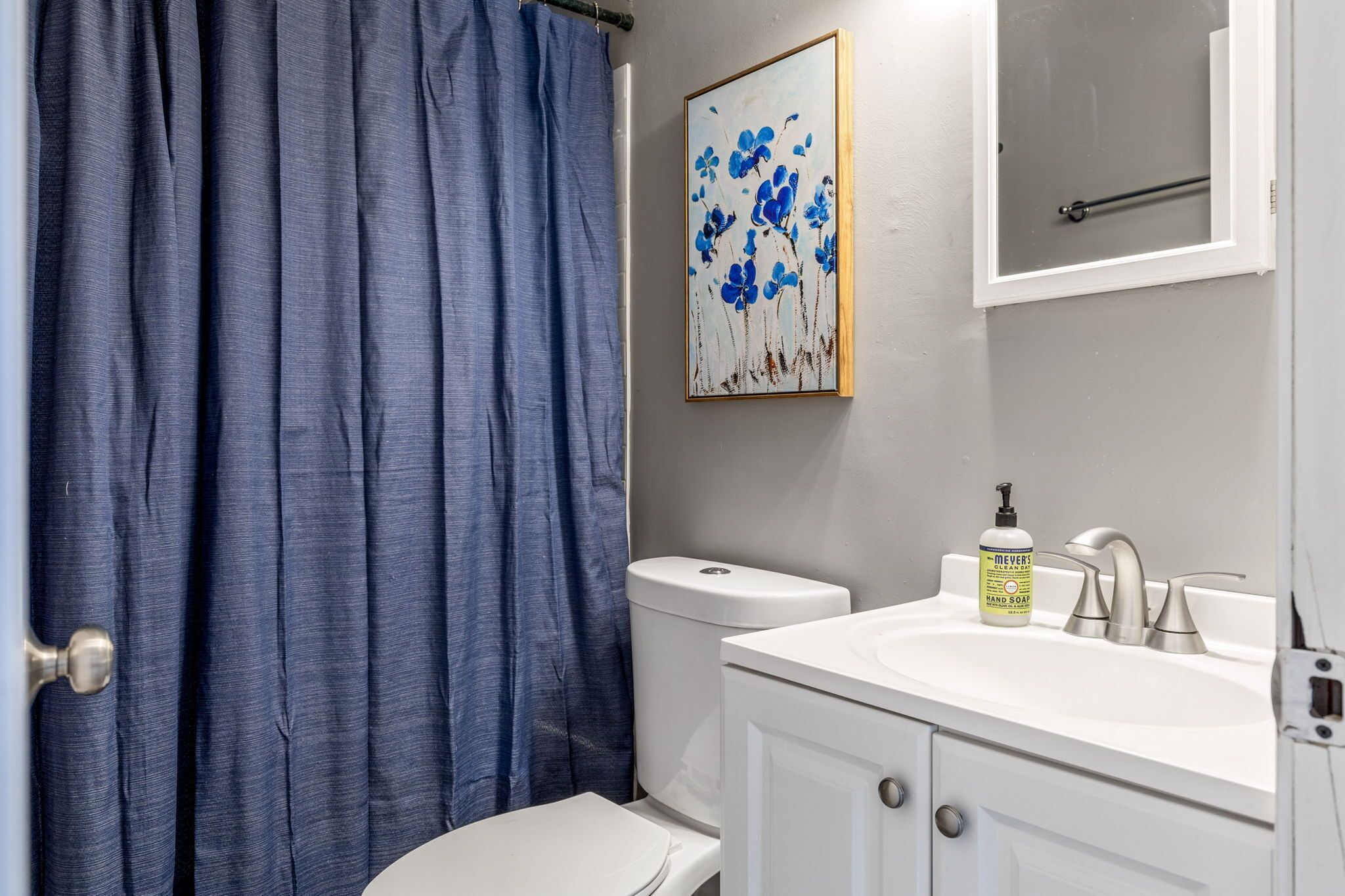 A bathroom with a toilet, a sink, a mirror, and a shower curtain.