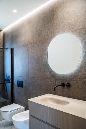 Regadera, secadora de cabello, bidet, toallas 