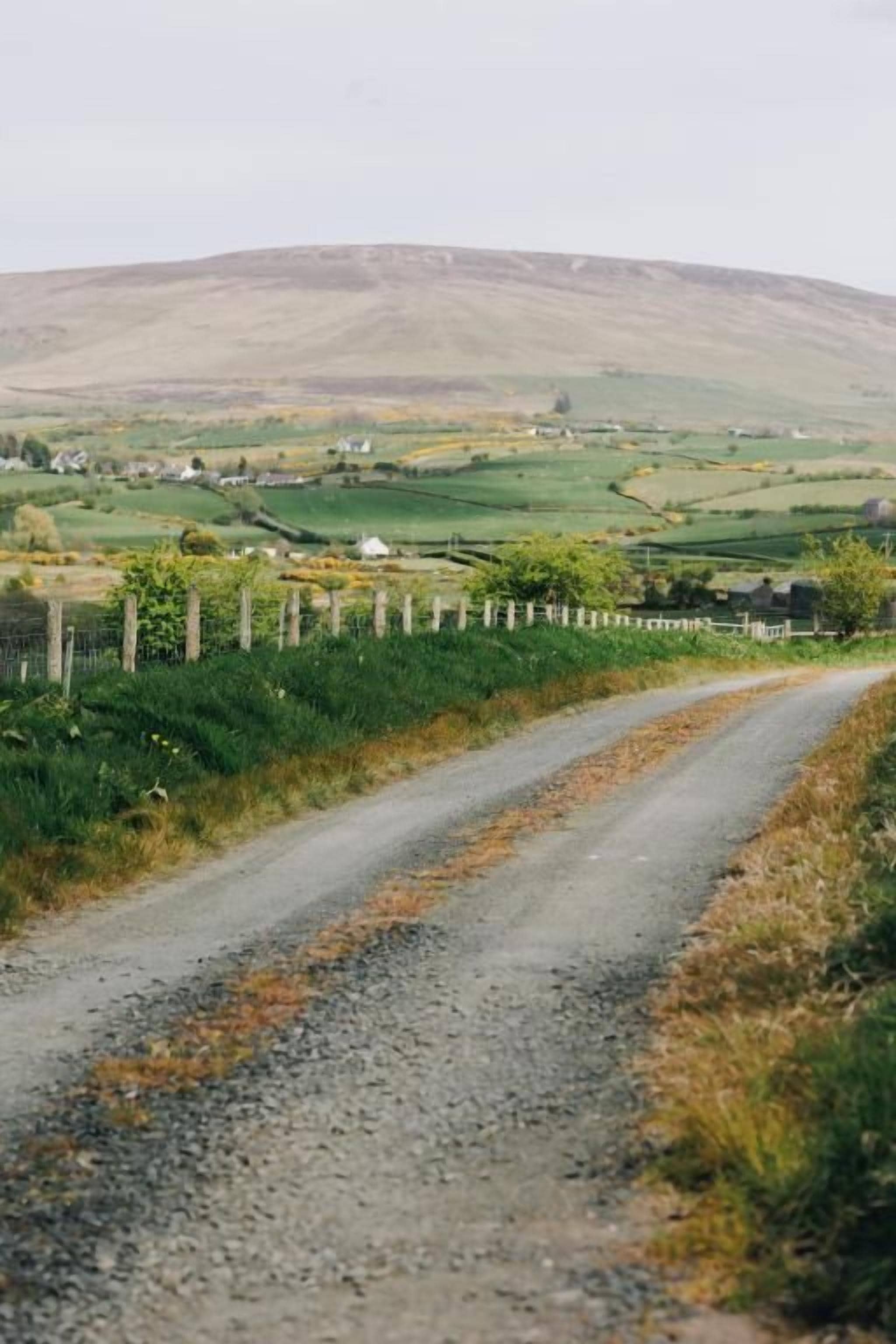 Un camino rural con una cerca a un lado y un paisaje montañoso en la distancia.