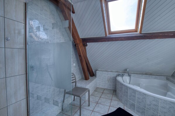 Baignoire, sèche-cheveux, shampoing, papier toilette