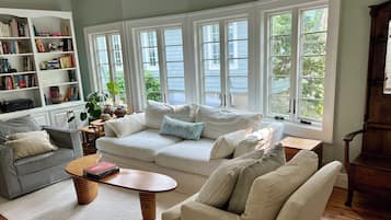 TV connectée, cheminée, livres, chaîne hi-fi