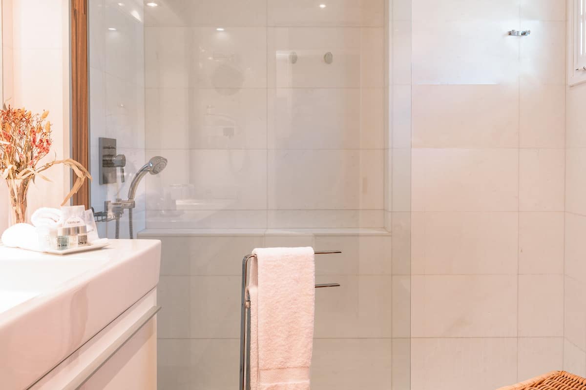 deluxe suite | bathroom | shower, hair dryer, bathrobes, towels