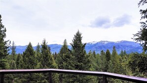 Eine Holzdar Terrasse mit Metallgeländer mit Blick auf ein bewaldetes Gebirge.