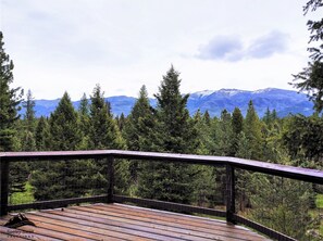 Une terrasse en bois avec une rambarde en métal, d’où l’on a une vue sur une chaîne de montagnes boisées.
