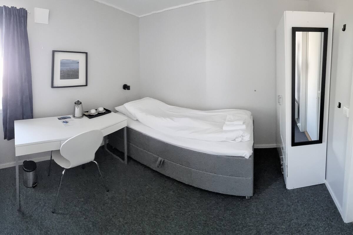 A compact hotel room with a single bed, a desk with a chair, a small trash bin, and a framed picture on the wall.