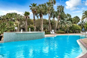 A swimming pool with clear blue water, surrounded by palm trees and a tiled wall.