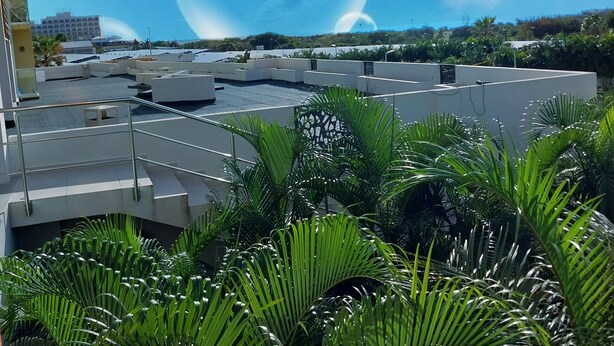 A rooftop with a view of a large building in the distance, surrounded by lush green foliage. - Prestige Studio - Pool & Gym (Maho)