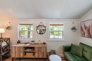 Smart TV, fireplace, books