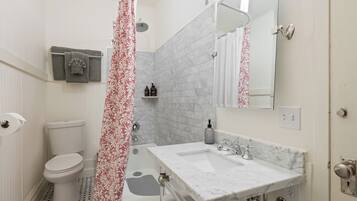 Combined shower/bathtub, hair dryer, towels, soap
