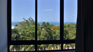 Un ventanal con vistas a un paisaje tropical, incluyendo palmeras y un cielo azul despejado.