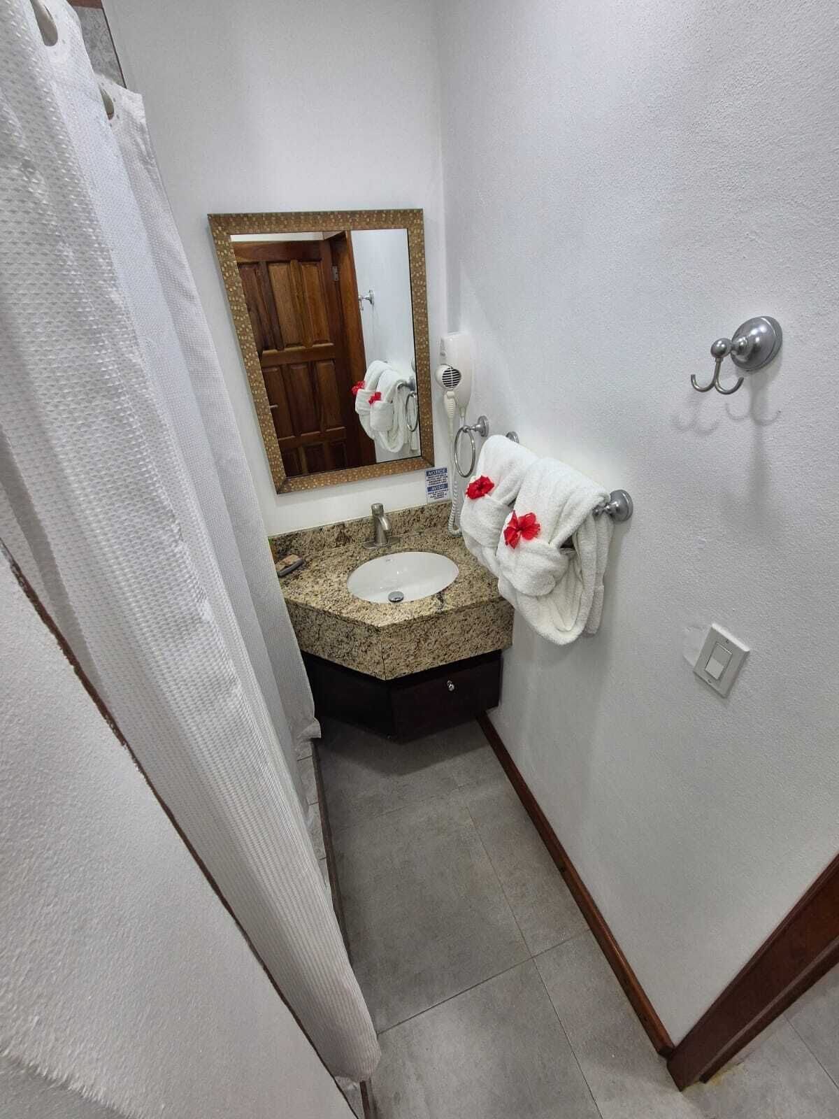 A bathroom with a granite sink, a wooden door, a white towel with red flowers, and a mirror with a gold frame.