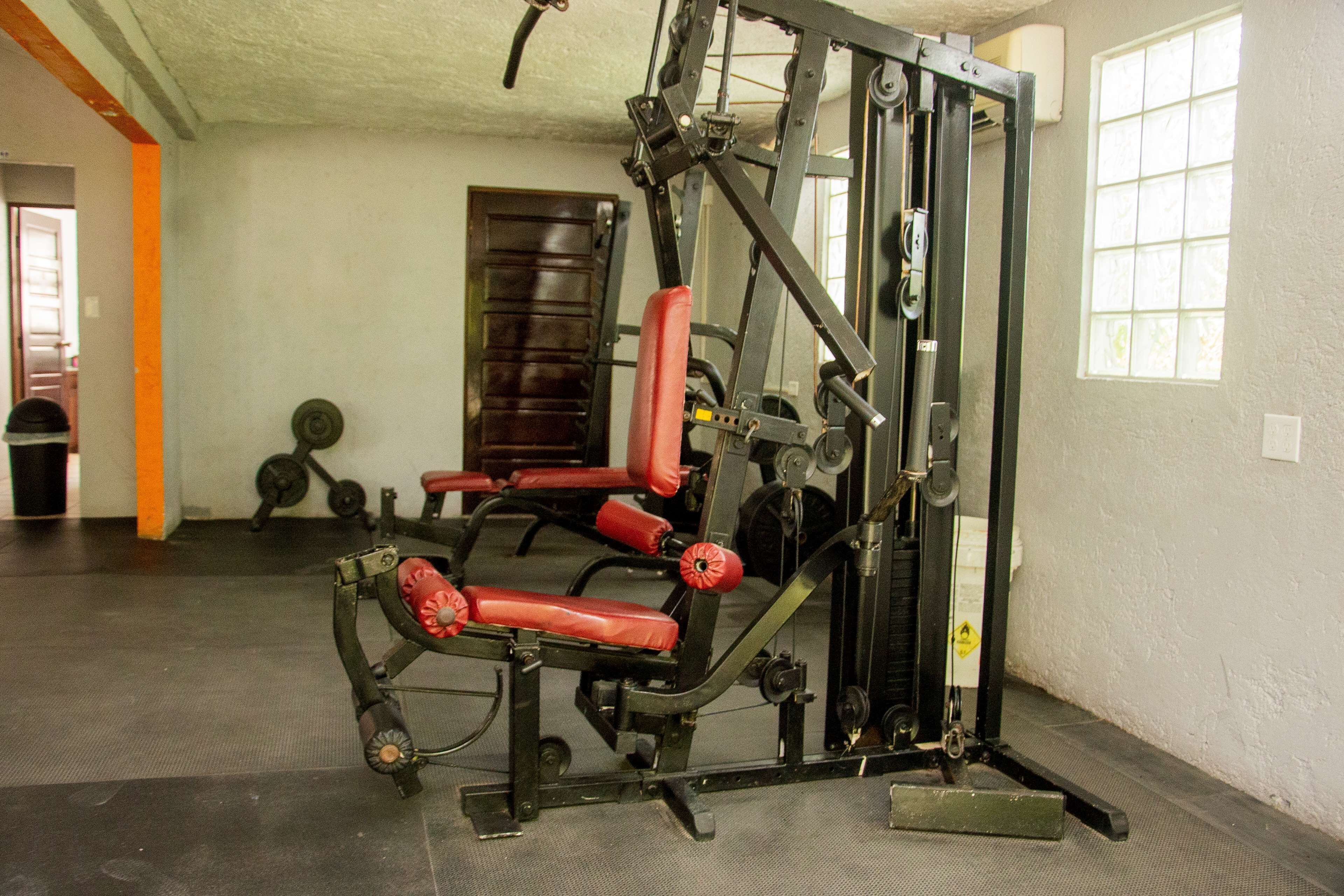 Un gimnasio con una estructura para sentadillas, bancos y una puerta al fondo.