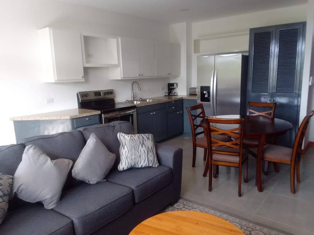 Una cocina moderna con armarios blancos, un refrigerador de acero inoxidable y un comedor con sillas y mesa de madera.