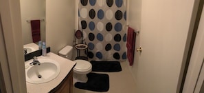 Combined shower/tub, hair dryer, towels, soap