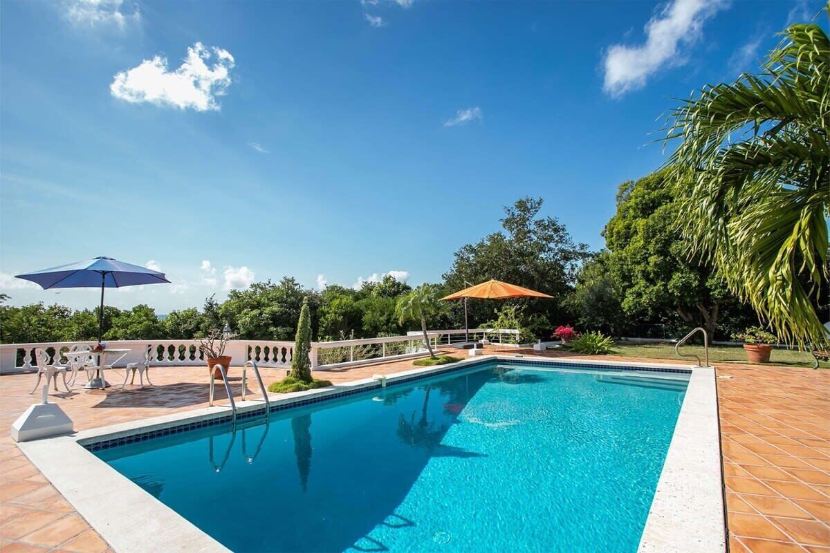 Ein Schwimmbecken mit gefliestem Sonnendeck, zwei Sonnenschirmen und Gartenmöbeln.